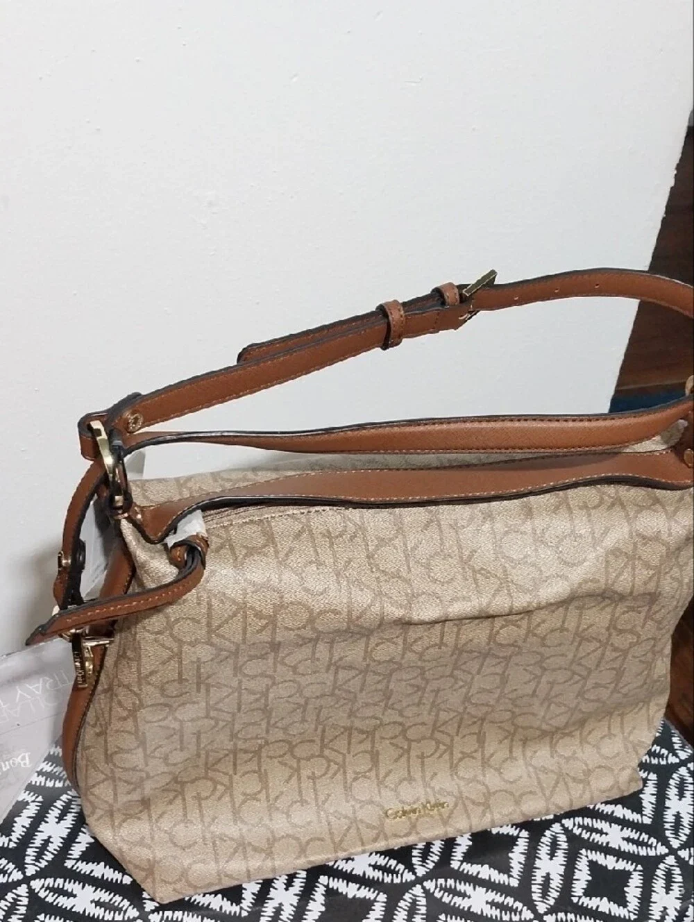 Calvin Klein Beige/Tan Logo-Print Shoulder Bag